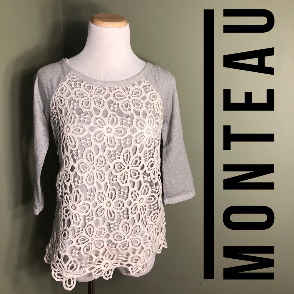 Monteau Lace Front Raglan Top — Cream & Light Gray
